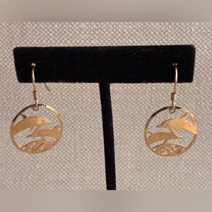 Wild Bryde Dolphin Earrings 14K Gold Plate French Wire Dangle Vintage.
